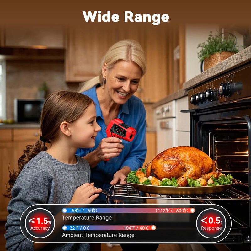 Wintact Laser Infrared Thermometer Gun, -58°F to 1112°F Surface Heat Temperature Gun, Non-Contact Digital Thermometer for Kitchen Cooking Food, Pizza Oven, BBQ, Griddle, Soap Making, HVAC - Image 2